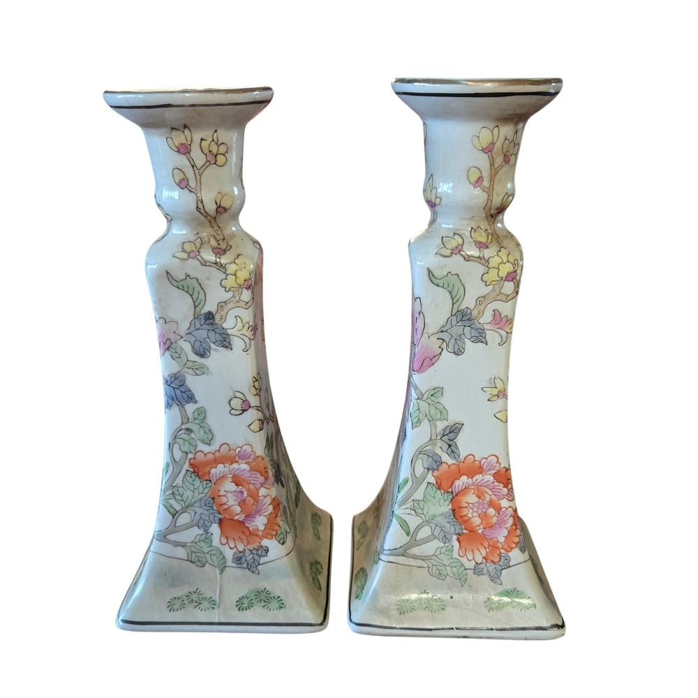 Vintage Boho Cottage Famille Rose Porcelain Candlesticks Pair Floral Chinoiserie